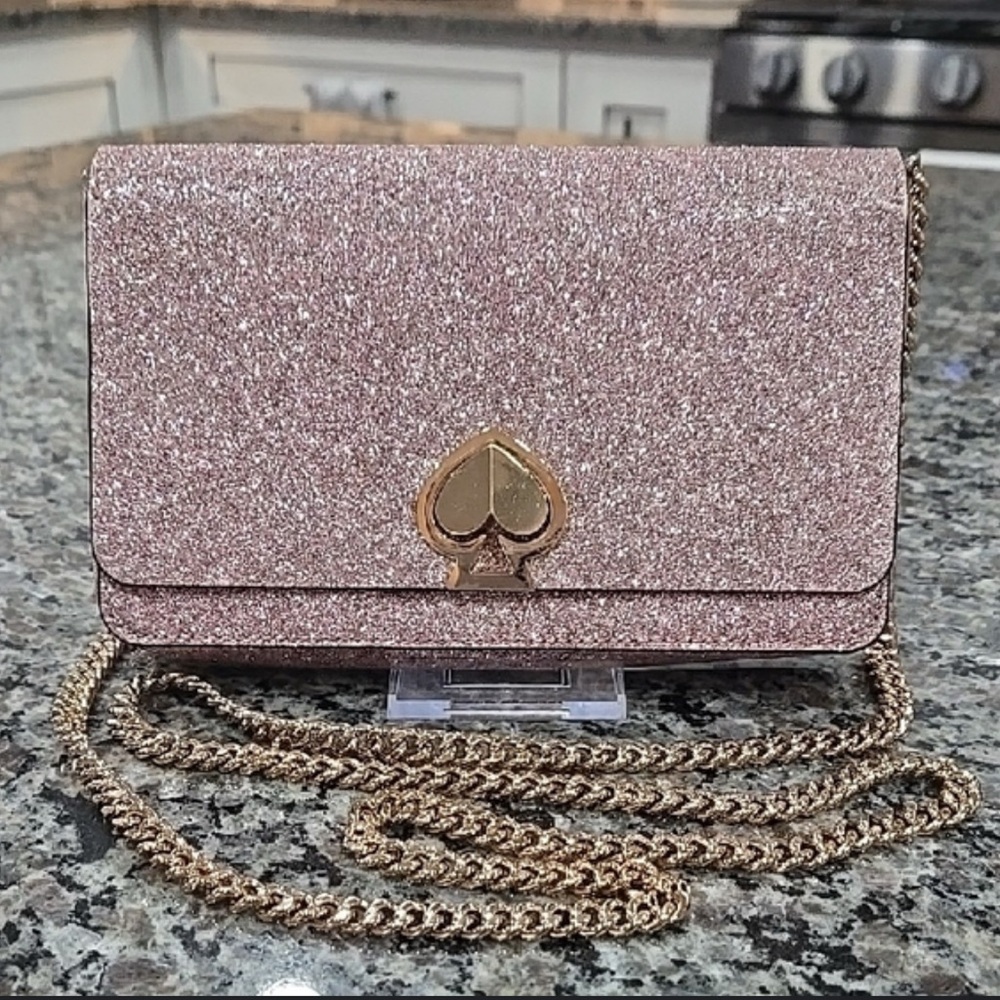 Kate Spade Nicola Small Glitter Rose Pink Crossbody Bag Spade / Heart Twist Lock